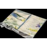 Kreier Silk Scarf made in Switzerland. Hand rolled edges, watercolour of blue and lemon floral on