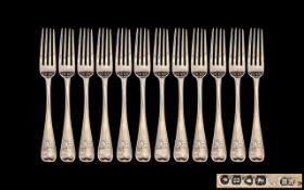 Antique Period Matching Set of 11 ( Eleven ) Sterling Silver Dessert Forks.