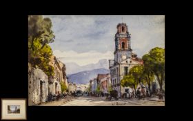 Gabrielle Carelli - Italian Listed Artist 1821-1900, Watercolour of Street Scene in Spanish Town,