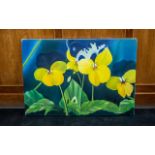 Large Oil on Canvas of Pansies by Iranian Artist Shahrebanoo Gezelbash. Large painting, measuring