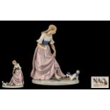 Nao by Lladro Large Hand Painted Porcelain Figure ' Girl with Small Terrier ' c.1990's. Height 11.