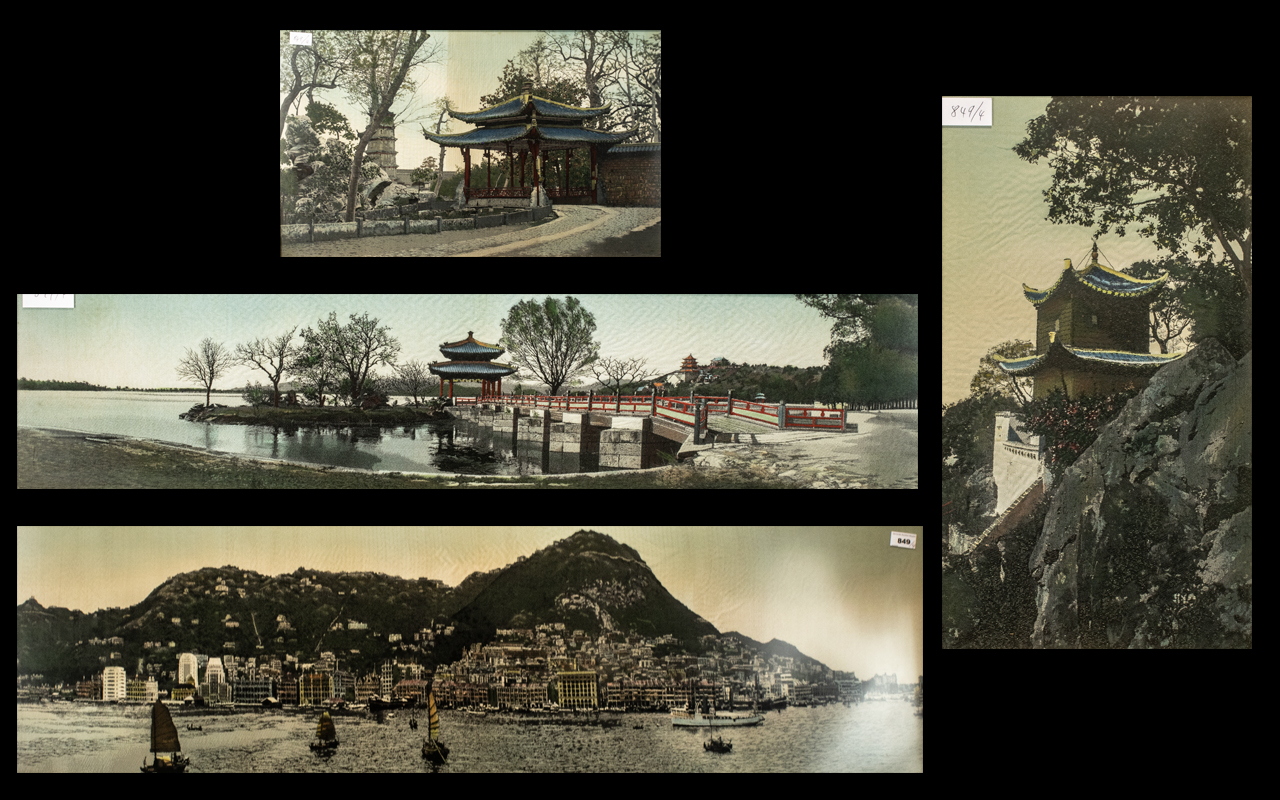 Set of Four Chinese Pictures framed and printed in coloured inks on silk. Depicts Hong Kong harbour,