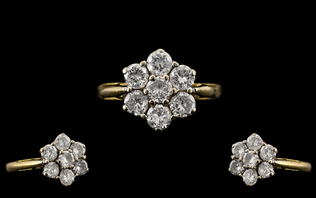 18ct Gold Attractive Diamond Set Cluster Ring - Flower head Design. Hallmark London 1990 and 750 -