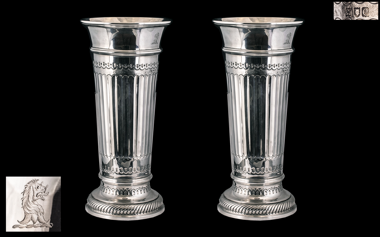 A Fine Pair of Top Quality and Heavy Solid SIlver Vases of Unusual Form / Design. Makers Mark for