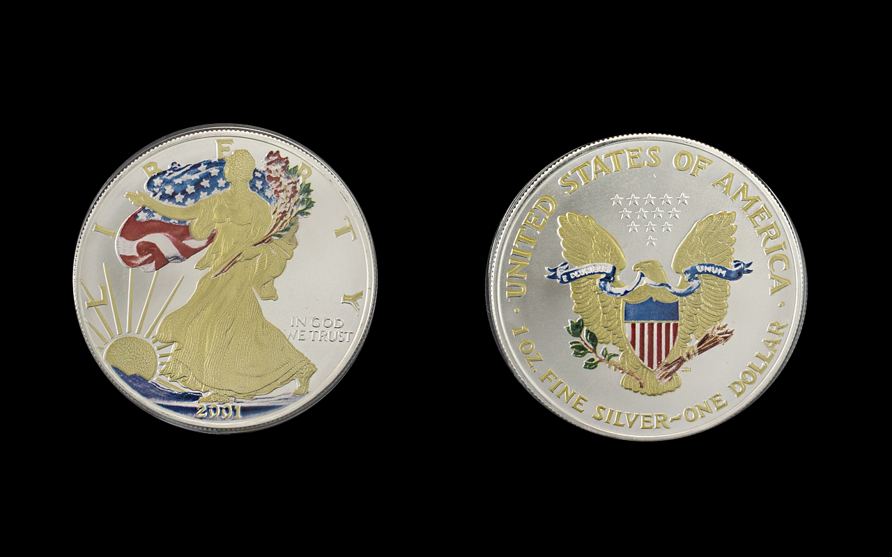 United States of America Liberty Silver Dollar - Enamelled, Date 2001. Silver Purity 1 oz of .