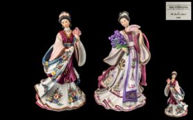 Two Danbury Mint Handpainted Figurines depicting 'The Iris Princess' and 'Plum Blossom Princess'