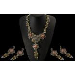 Blue, Pink and Peacock Crystal Statement Necklace and Drop Earrings Set,