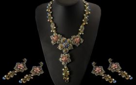 Blue, Pink and Peacock Crystal Statement Necklace and Drop Earrings Set,