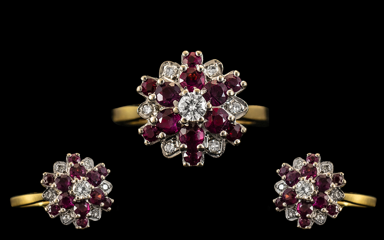 18ct Gold Attractive Ruby and Diamond Set Cluster Ring - Flower head Design. Full Hallmark for 18ct.