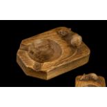 Robert ' Mouseman ' Thompson Hand Carved Oak Ash Tray with Signature Carved Long Tailed Mouse to