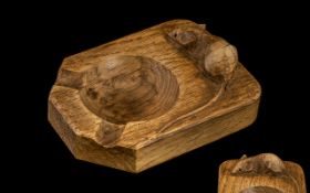 Robert ' Mouseman ' Thompson Hand Carved Oak Ash Tray with Signature Carved Long Tailed Mouse to