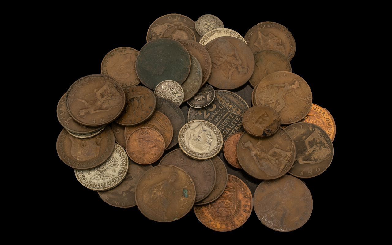 Bag of Mixed British Coins including old pennies, florin, shilliings etc.