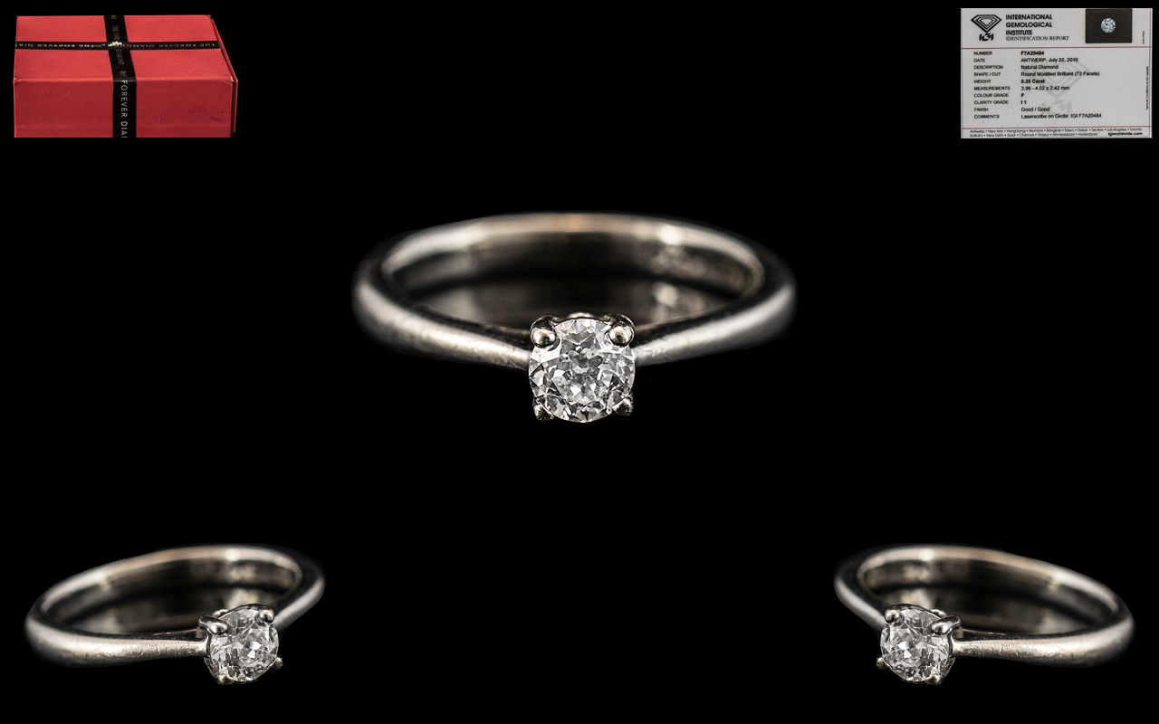 Forever Diamonds White Gold Single Stone Diamond Ring set with a round modified brilliant cut