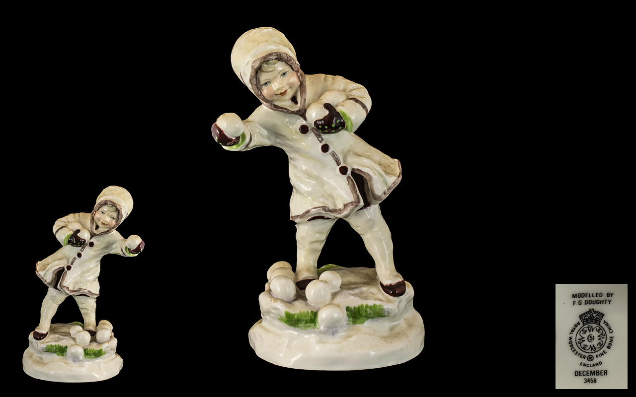 Royal Worcester Hand Painted Porcelain Early Figure ' December ' Months of The Year. RW3458.