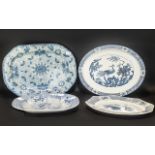 Four Large Staffordshire Pottery Blue & White Meat Plates by Wood & Sons, Johnston Bros.
