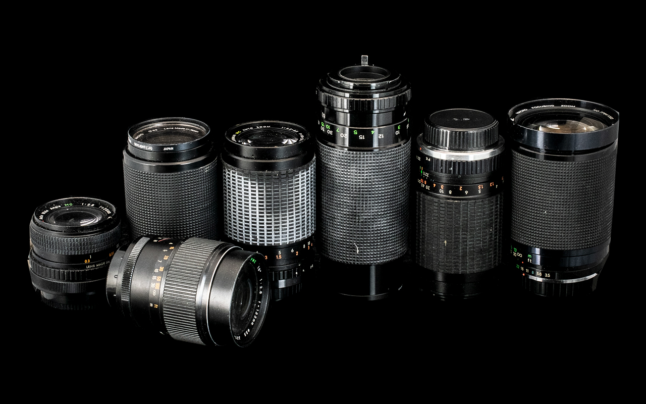 Seven Various Camera Lenses comprising Clubman MC Auto Zoon, Miranda MC Macro, Vivitary 28 - 200mm,