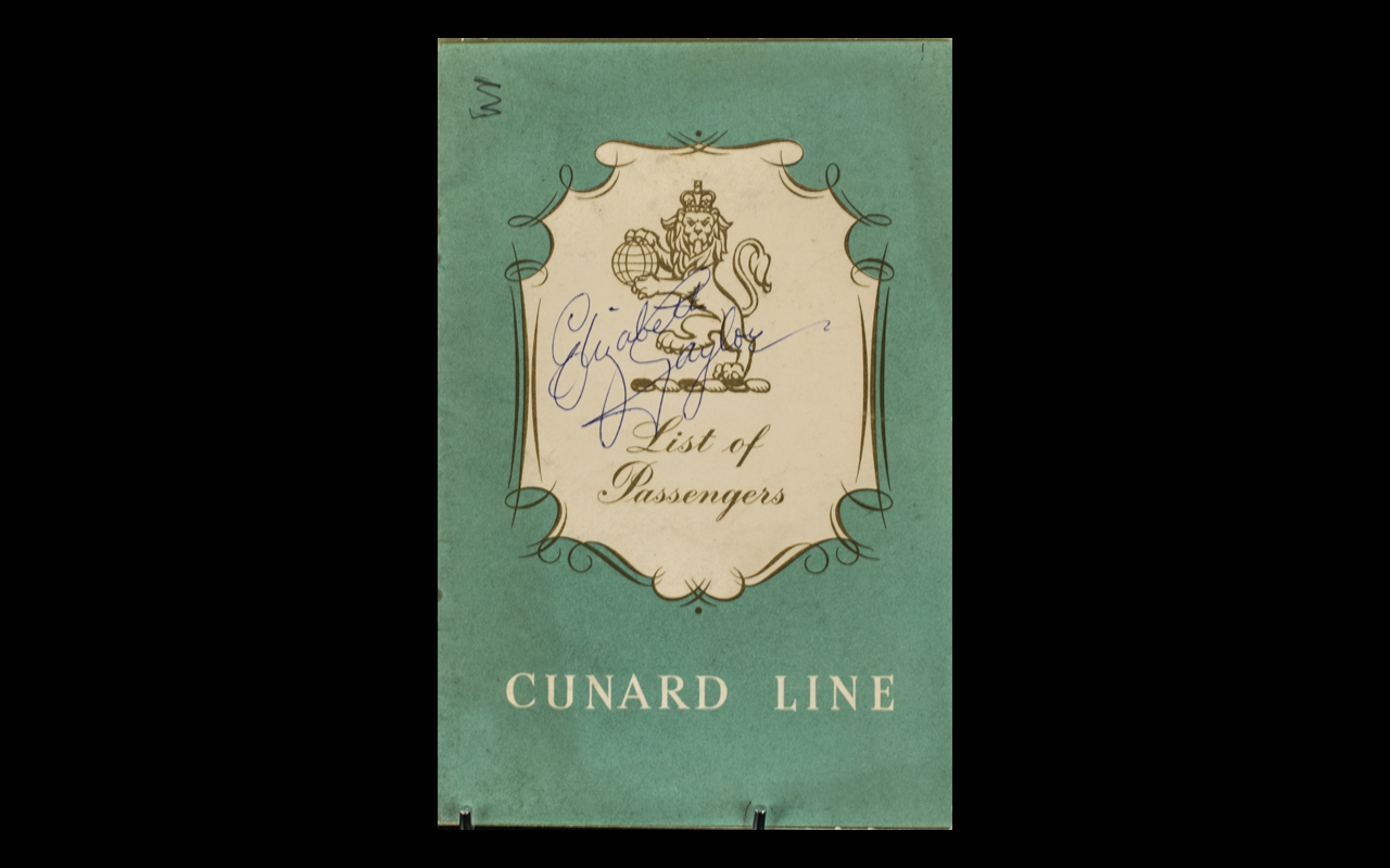 Elizabeth Taylor Autograph on Cunard Liner Queen Mary Passenger List.
