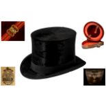 Good Quality Antique Black Moleskin Top Hat in original leather carrying case;