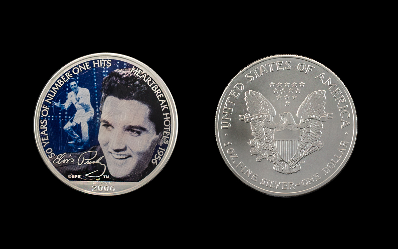 United States of America Liberty Silver Dollar ( Enamelled ) ' Elvis Presley ' 50 Years of Number