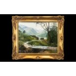 Oil painting of Borrowdale, by A T Blamires. In ornate decorative frame.