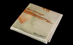 Olga Greco Vintage Silk Scarf, abstract landscape design in grey, beige and tan. 30'' square, made