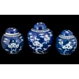 Three Blue And White Chinese Ginger Jars With Covers.