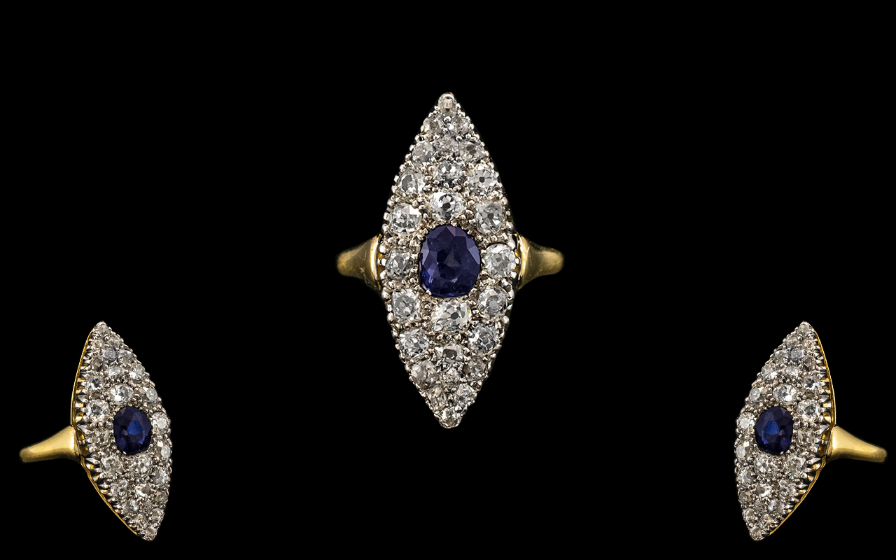 Antique Period 18ct Gold and Platinum Superb Quality - Diamond and Sapphire Set Dress Ring of