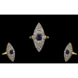 Antique Period 18ct Gold and Platinum Superb Quality - Diamond and Sapphire Set Dress Ring of