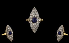 Antique Period 18ct Gold and Platinum Superb Quality - Diamond and Sapphire Set Dress Ring of