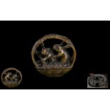 Oriental Boxwood Netsuke In The Form Of Rabbits Playing In A Basket. Signed To Base.