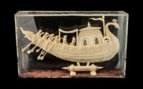 Unusual Well Carved Cork Thai Royal Barge - Boat in Case, finely detailed with a Peacock's Head