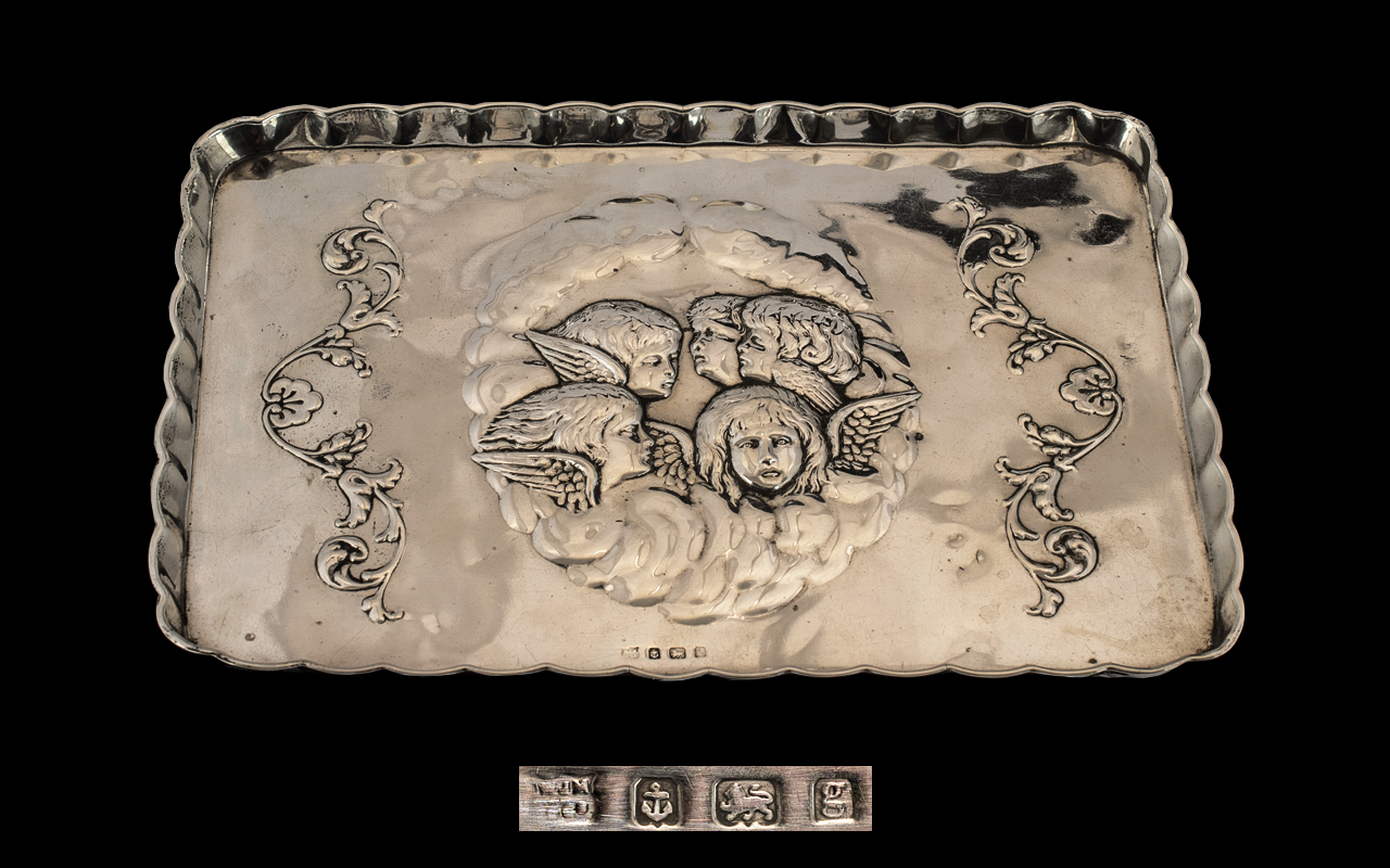 Art Nouveau - Good Quality Sterling Silver Embossed Hand Tray with Embossed Images of Winged