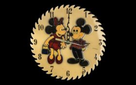 Vintage Disney Sawblade Clock with enamelled Mickey and Minnie, from Fort Myers, Florida.