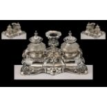 A Fine Quality 19th Century Attractive Silver Desk Ink Well and Stand, In Rocco Style with Central