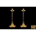 Arts and Crafts Fine Quality Pair of Hand Crafted Hammered Brass and Barley Twist Oak Candlesticks