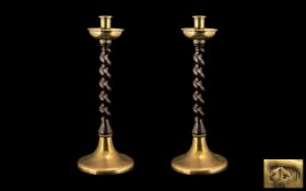 Arts and Crafts Fine Quality Pair of Hand Crafted Hammered Brass and Barley Twist Oak Candlesticks