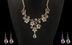 Aurora Borealis Crystal Floral Necklace and Earrings Set,