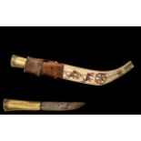 Antique Inuit Antler Horn Dagger and Sheath with scrimshaw work designs depicting Arctic deer with