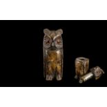 Unusual Carved Wooden Owl Cigarette Lighter, the head, set with glass eyes,
