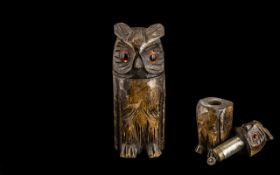 Unusual Carved Wooden Owl Cigarette Lighter, the head, set with glass eyes,