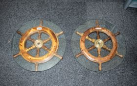 A Pair of Partly Converted Ships Wheel with glass central inserts and border. Diameter 19 inches.