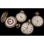 Four Pocket Watches comprising four antique base metal watches, all with white enamel dials.