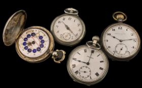 Four Pocket Watches comprising four antique base metal watches, all with white enamel dials.