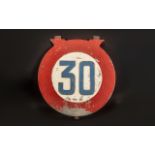 Railway Interest - Vintage Cast Iron 30 mph Speed Limit Sign. 13.5'' diameter, red border with