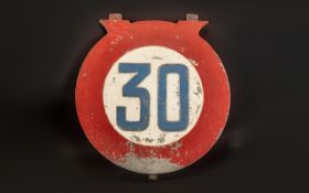 Railway Interest - Vintage Cast Iron 30 mph Speed Limit Sign. 13.5'' diameter, red border with