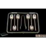 1920's Excellent Boxed Set of Six Sterling Silver Tea Spoons + Matching Pair of Sugar Nips.