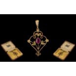 Antique Period Attractive 9ct Gold - Amethyst and Seed Pearl Set Open-Worked Pendant Drop of