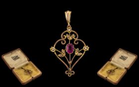 Antique Period Attractive 9ct Gold - Amethyst and Seed Pearl Set Open-Worked Pendant Drop of