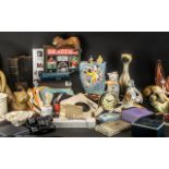The Small Boxes of Various Collectibles, Pottery & Bric a Brac, to include cat figures, glass,