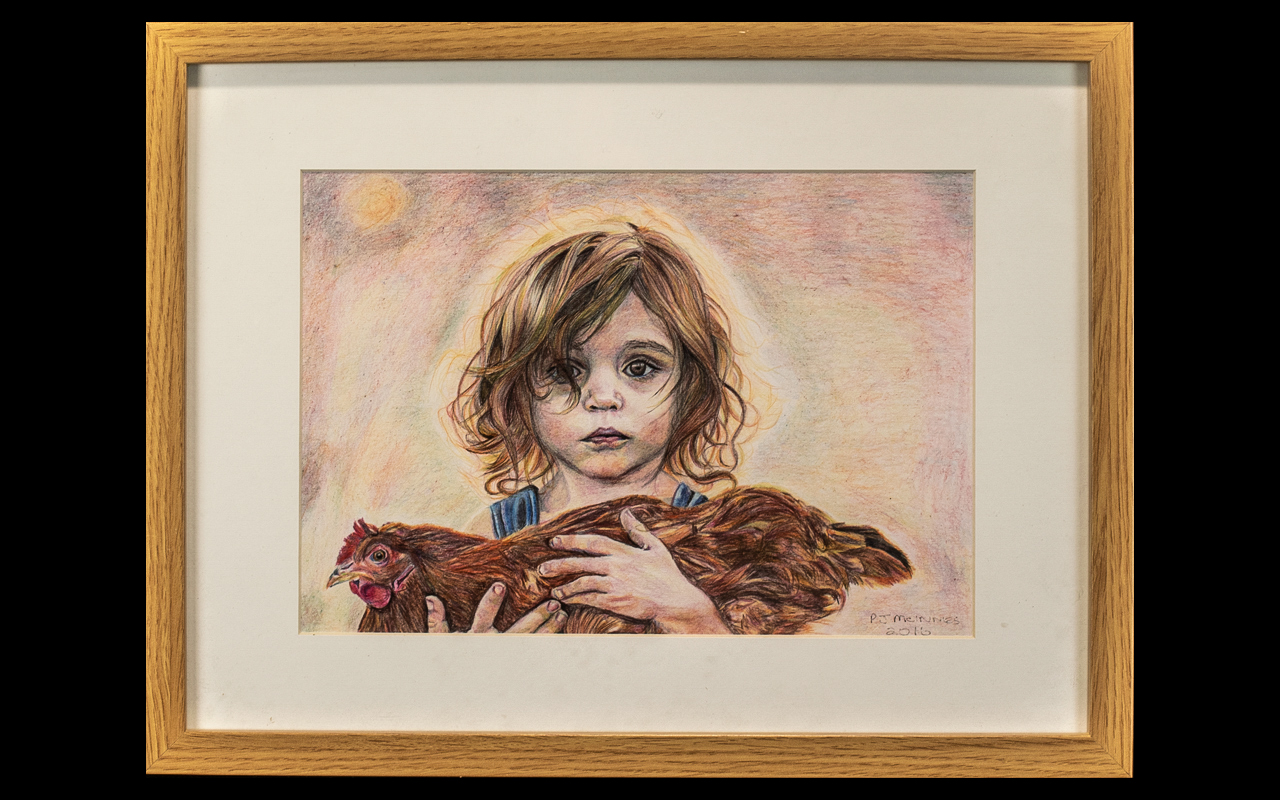 Watercolour by P J McInnes, dated 2016, depicting a young girl carrying her favourite chicken,